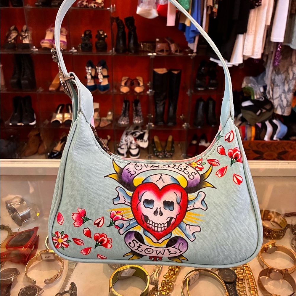 Ed Hardy Light Blue Shoulder Bag with Skull Design